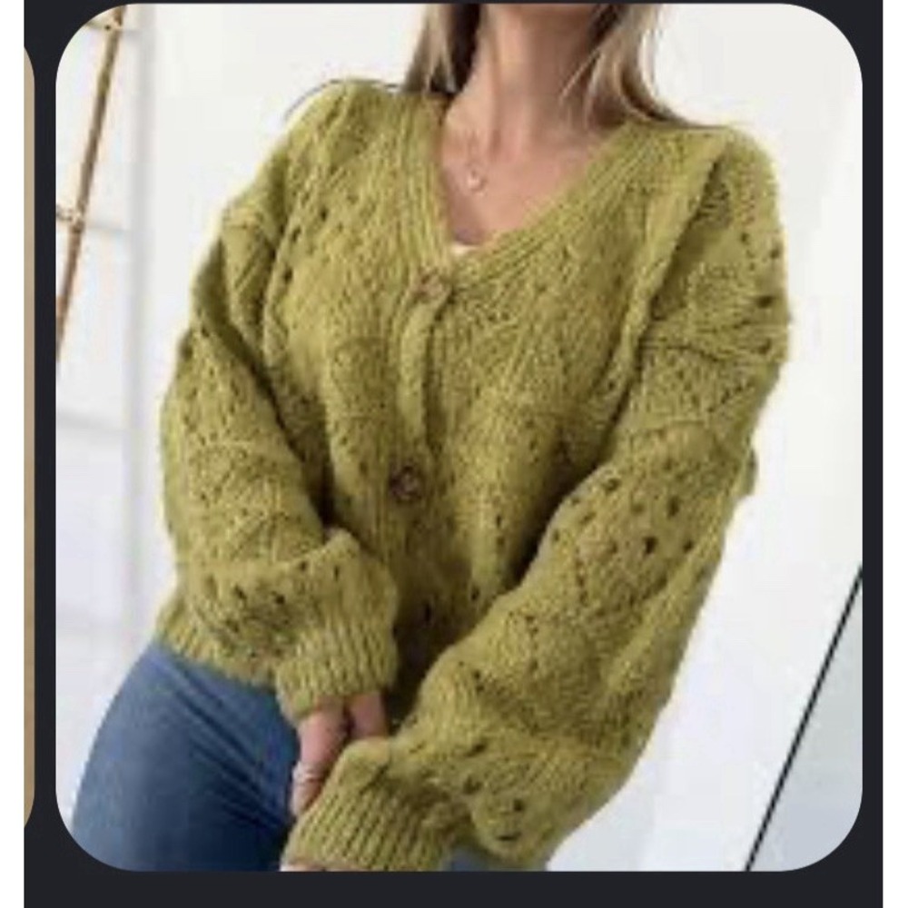 Anthropologie Pilcro Textured Puff-Sleeve Cardigan Olive Green Sz L Boho Cottage